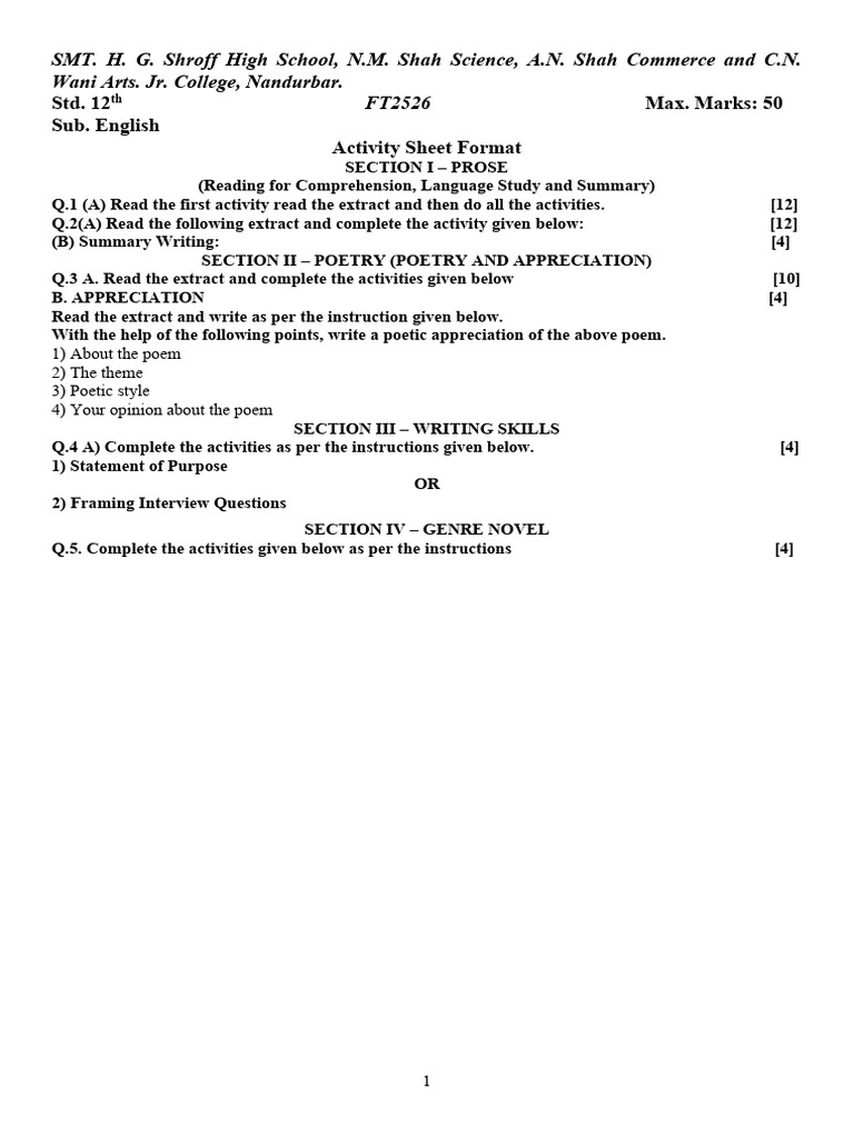 English Activity Sheet for Std. 12 | PDF