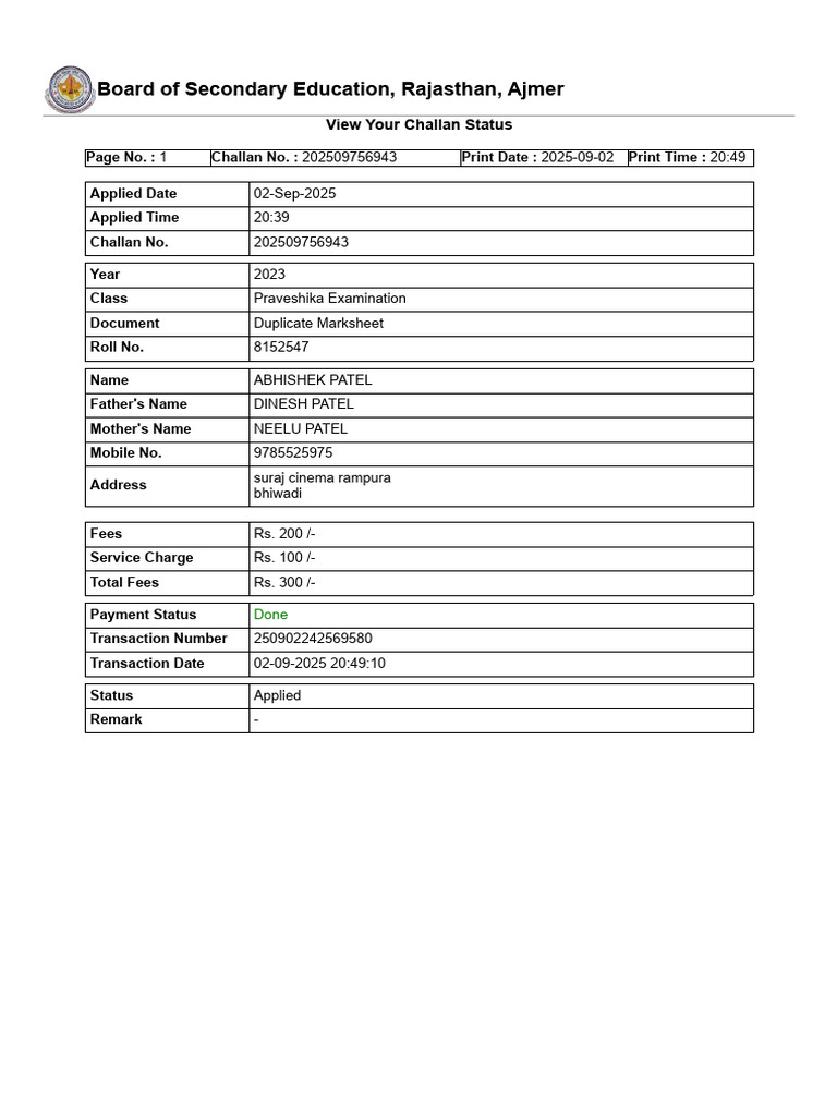 Board of Secondary Education, Rajasthan, Ajmer | PDF