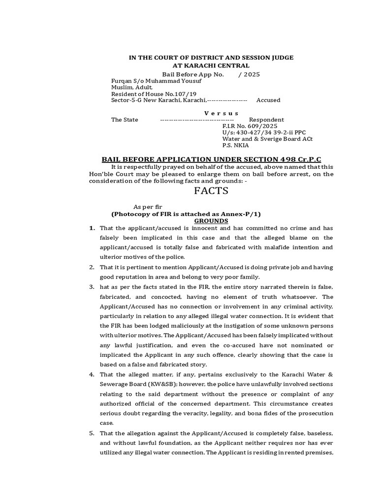 Bail Application for Furqan Yousuf in Karachi | PDF | Bail | Common Law