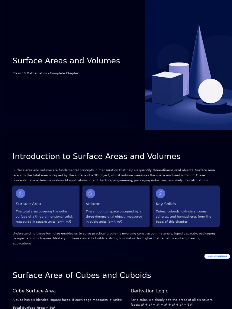 Surface Areas and Volumes Guide | PDF | Volume | Sphere