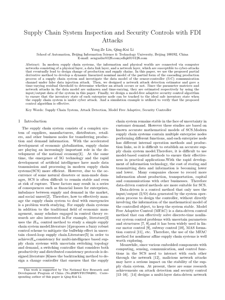 Detection and Security Control of Supply Chain System Under FDI Attack ...