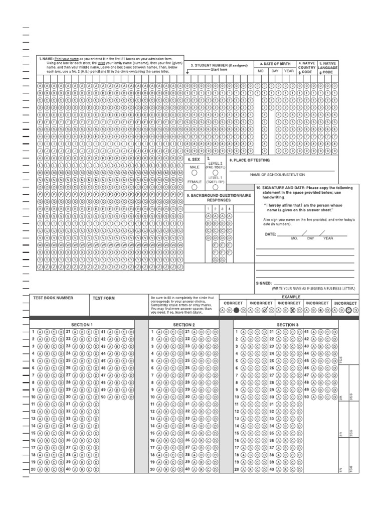 TOEFL ITP Answersheet | PDF