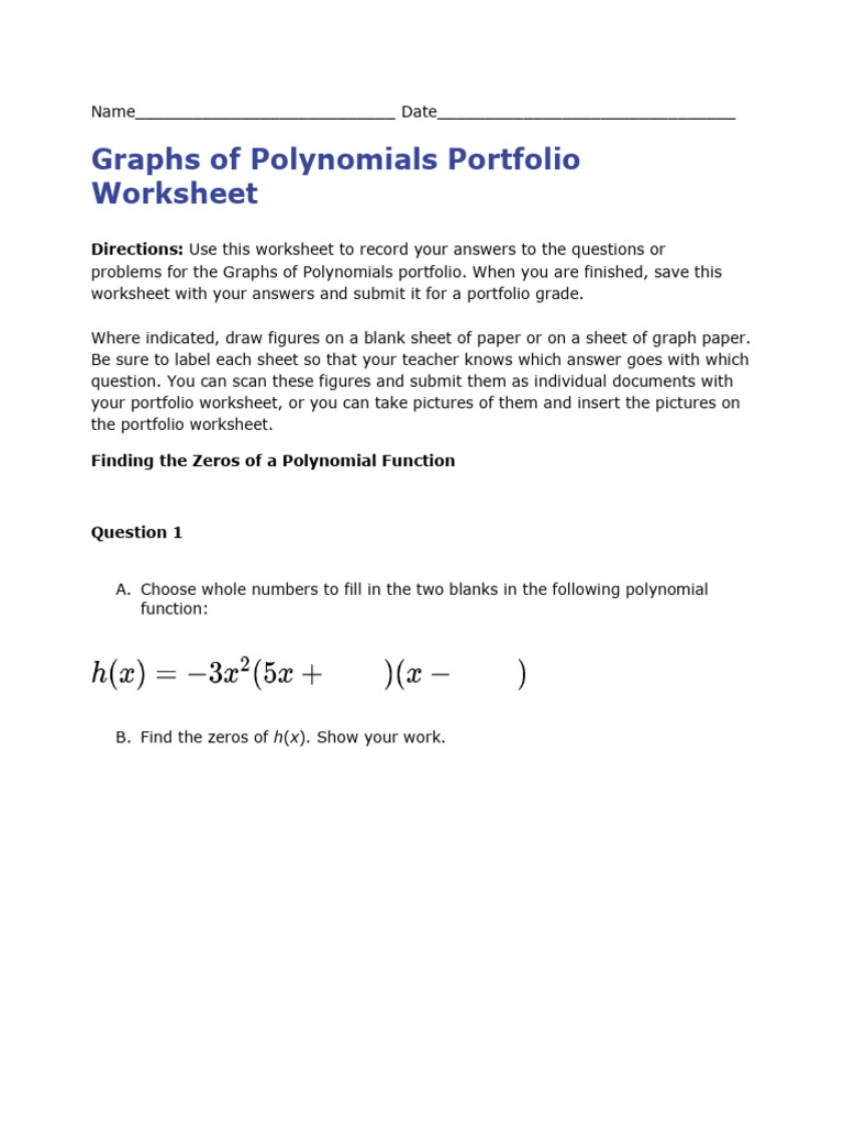 Algebra2_Graphs of Polynomials Portfolio Worksheet | PDF | Zero Of A ...