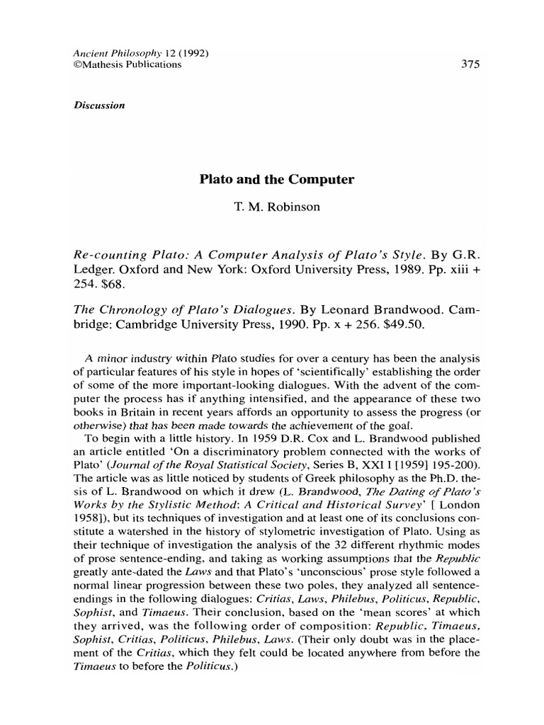 Analyzing Plato's Dialogues with Computers | PDF | Plato | Hypothesis