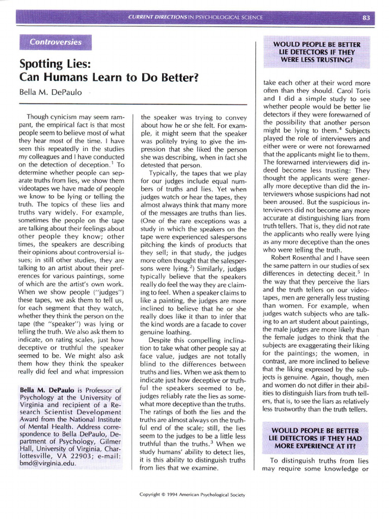 Spotting Lies Article | PDF | Deception | Lie