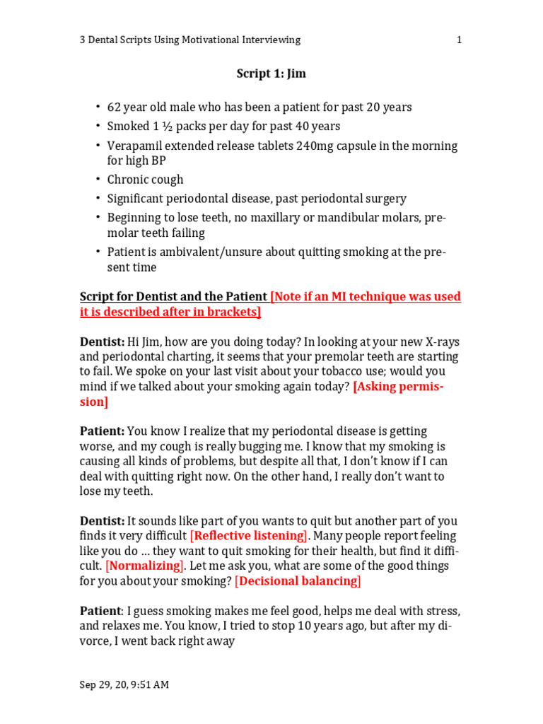 Dental Motivational Interviewing Scripts | PDF | Dentistry | Dental Implant
