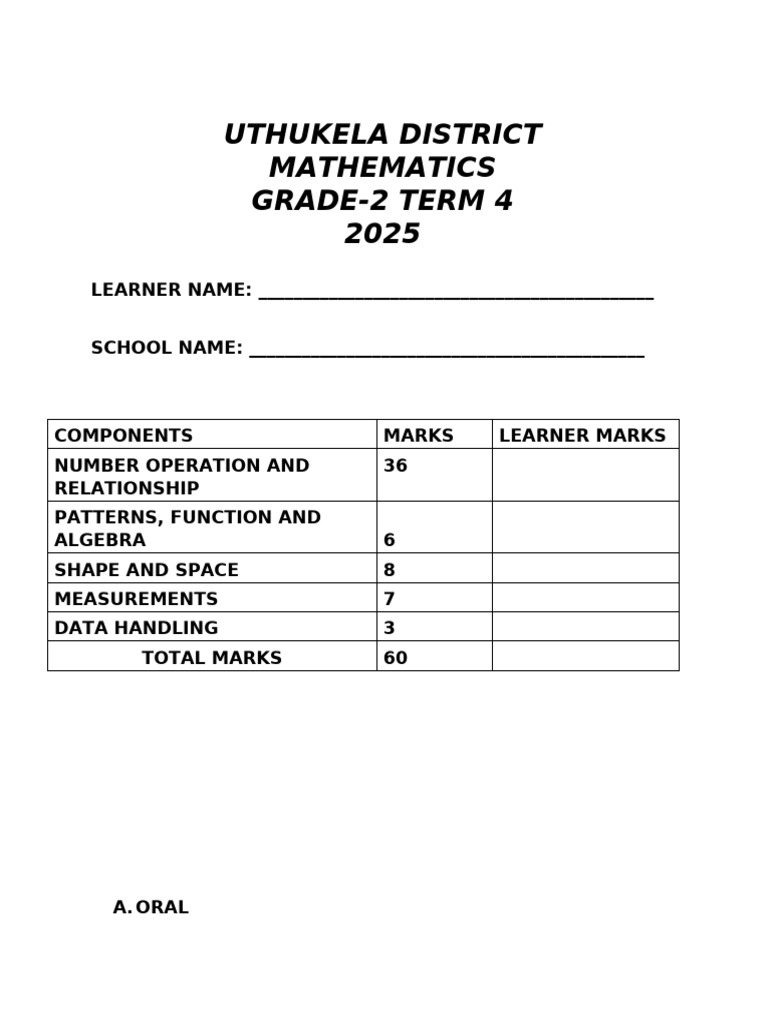 Grade 2 Term 4 Maths Exam 2025 | PDF | Numbers | Mathematics