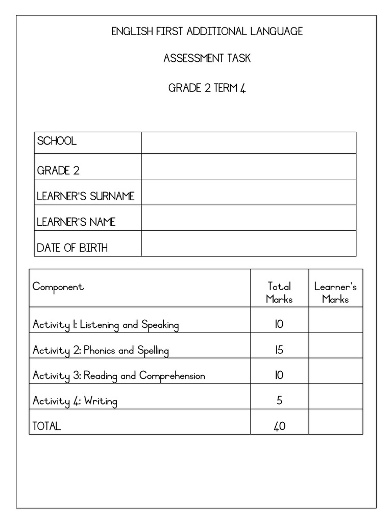 Assessment Task EFAL Grade 2 Term 4 | PDF