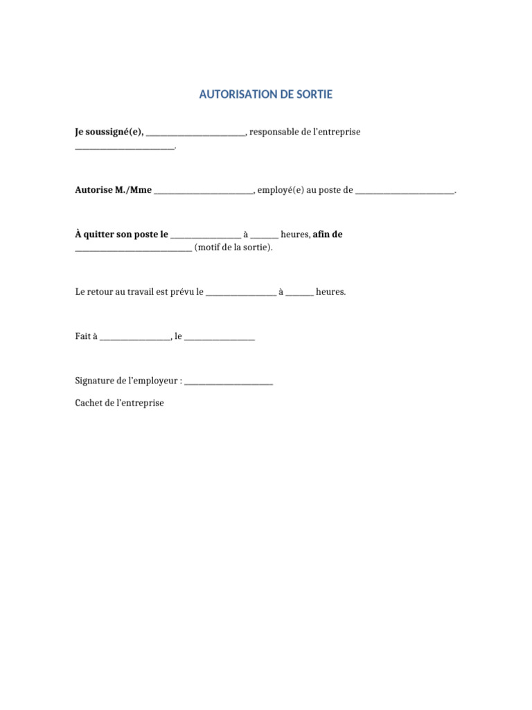 Modèle d'autorisation de sortie employé | PDF