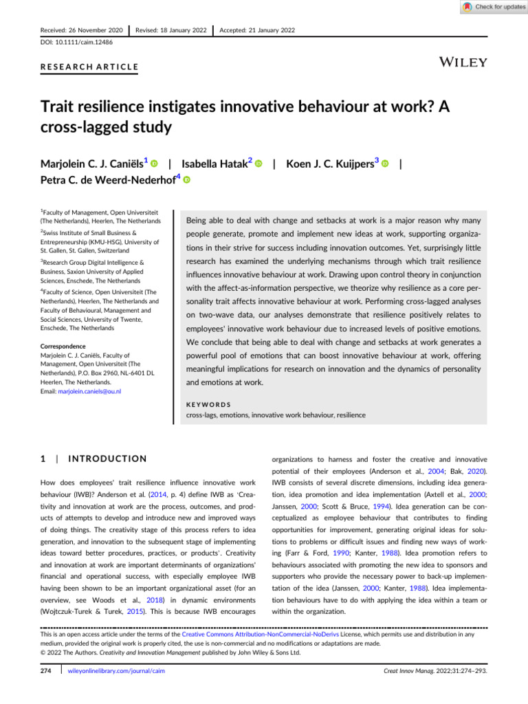 Resilience and Innovative Work Behavior | PDF | Psychological ...