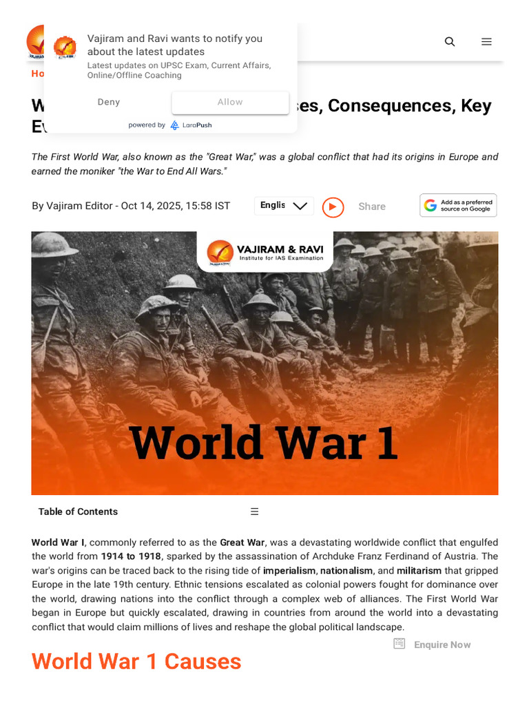 World War 1 (1914 - 1918), Causes, Consequences, Key Events | PDF ...