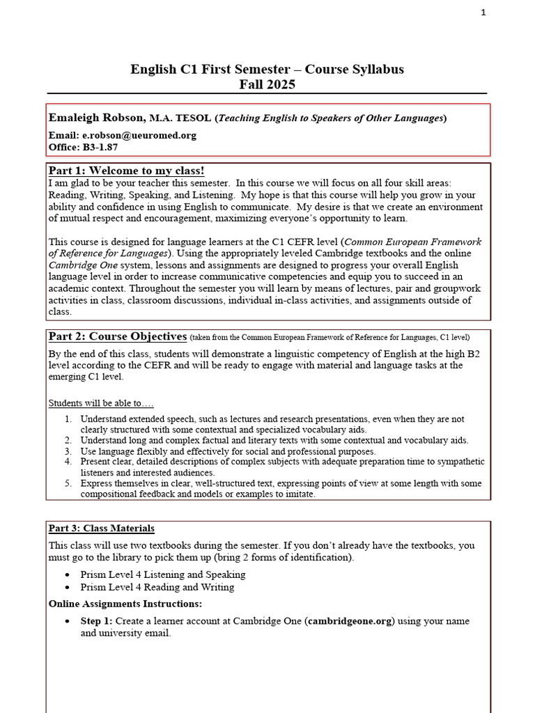 C1 English Course Syllabus Fall 2025 | PDF | English As A Second Or ...