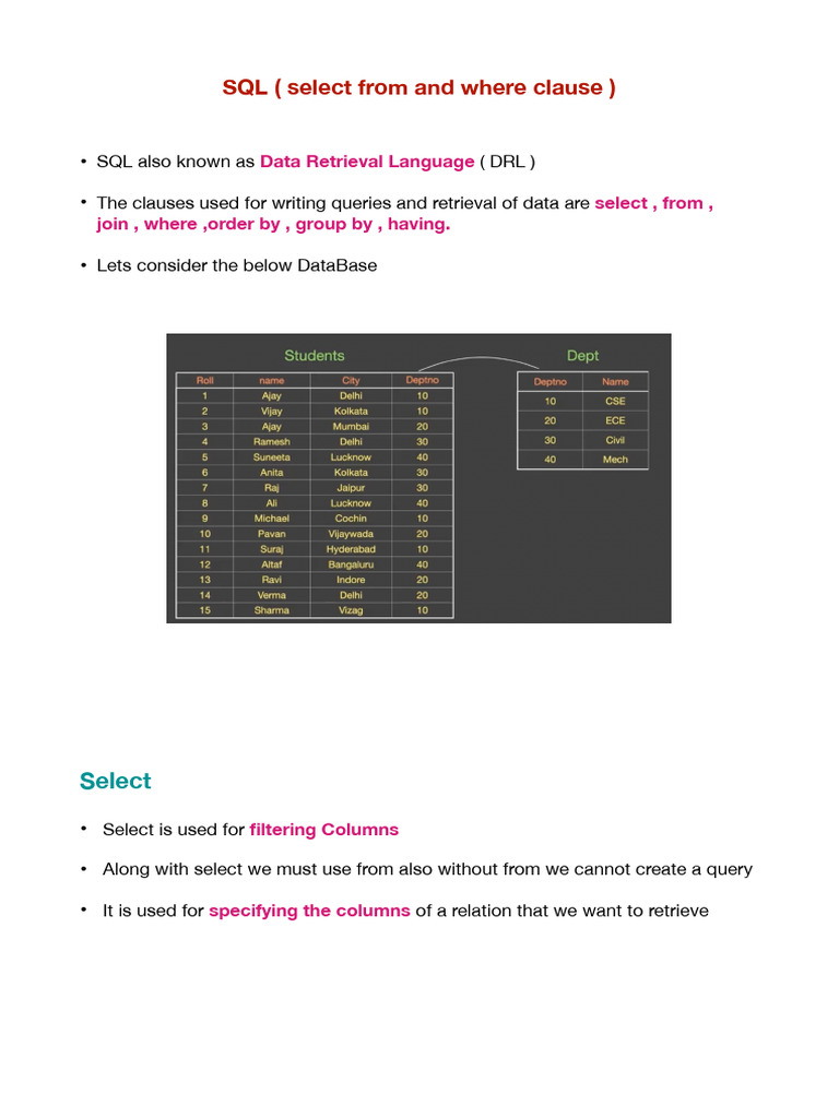 SQL (Select, From, Where) | PDF