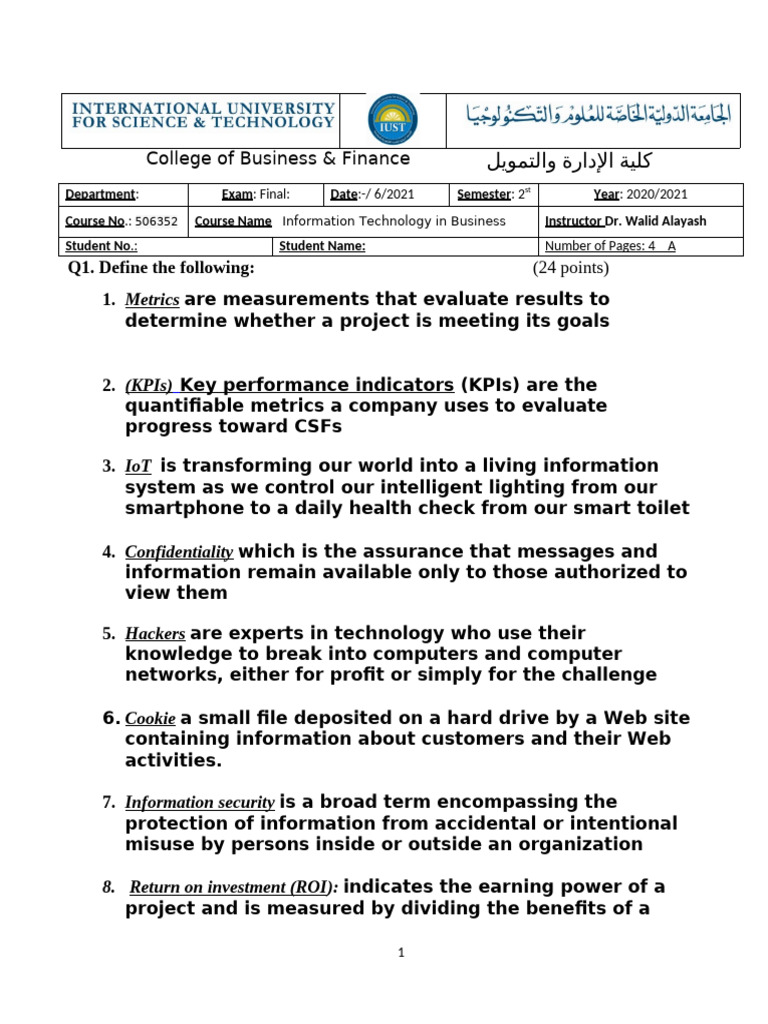 Final Exam 2020-2021 Information Technology 1 Key | PDF | Performance ...