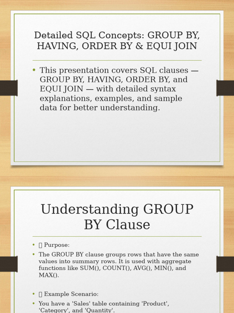 SQL GROUP BY, HAVING, ORDER BY, JOIN Guide | PDF | Information ...