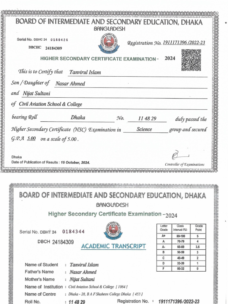 Tanvirul Islam HSC Certificate and Transcripct | PDF