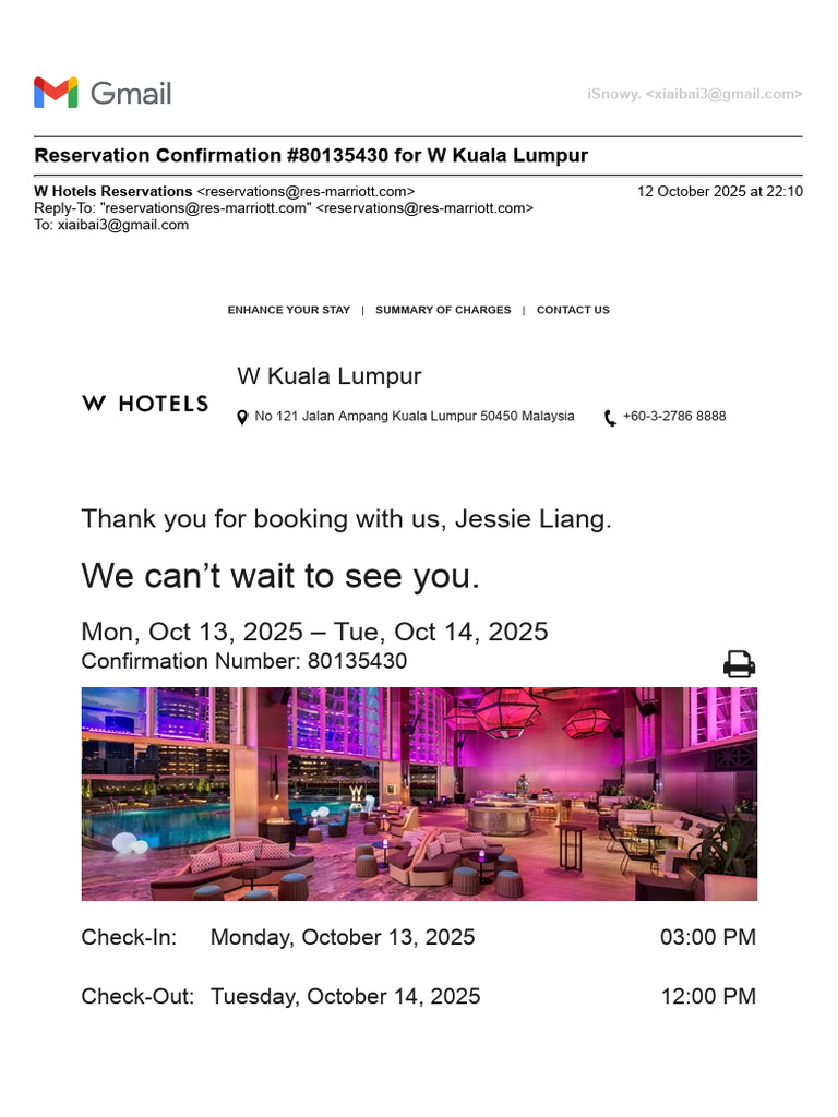 W Kuala Lumpur Reservation Confirmation | PDF | Fee | Service Industries