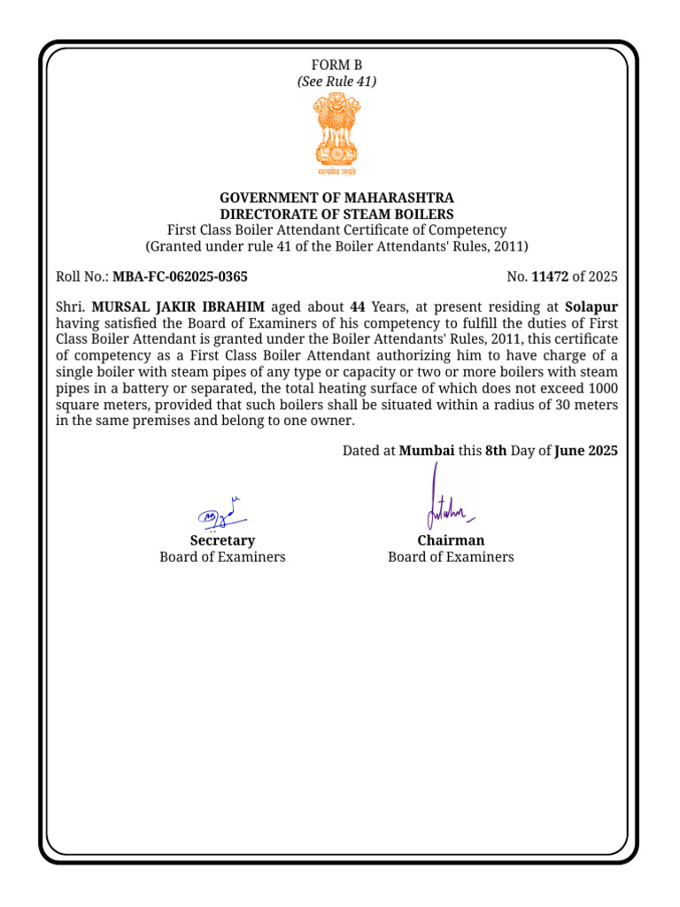First Class Boiler Attendant Certificate | PDF