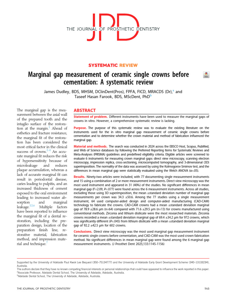 Marginal Gap Measurement of Ceramic Single Crowns | PDF | Systematic ...