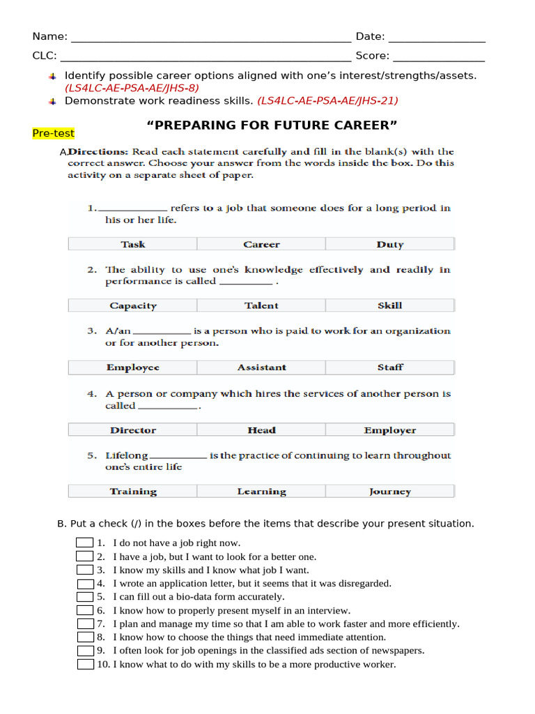 Career Preparation and Skills Assessment | PDF | Entrepreneurship ...