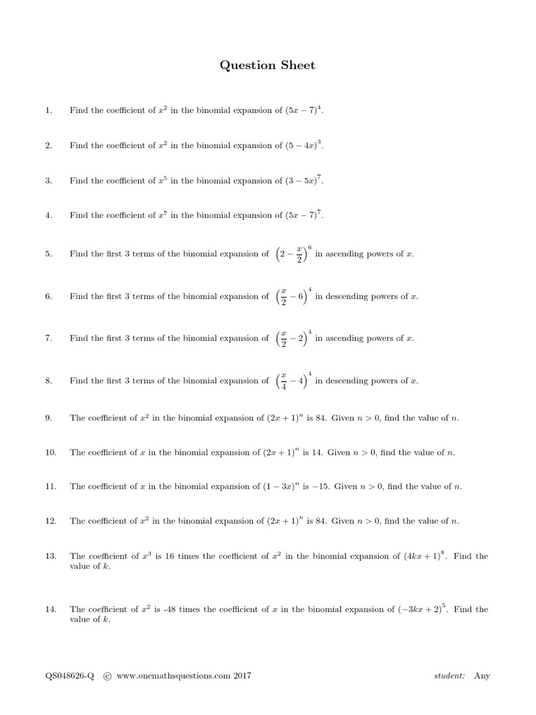 Binomial Expansion 2 Worksheet Questions | PDF | Chess Theory | Chess