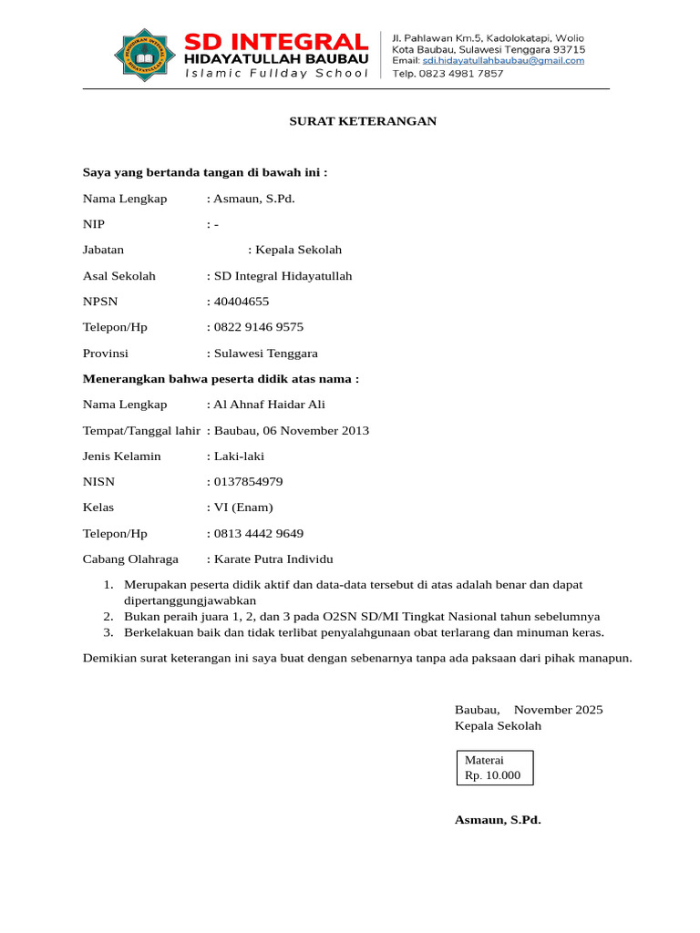 Surat Keterangan dan Pernyataan Atlet O2SN | PDF