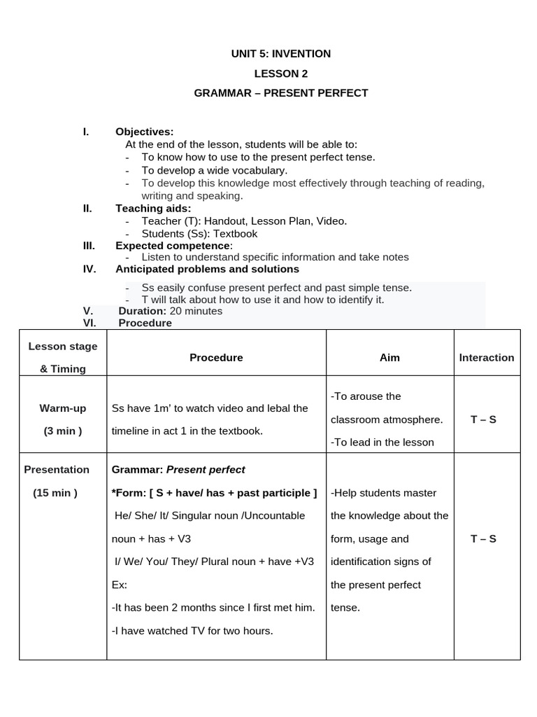 Group 2 - Lesson Plan - Teachinng Grammar | PDF | Perfect (Grammar ...