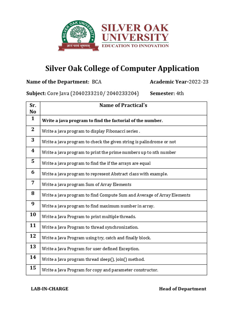 Core Java Practical Exercises BCA 2022-23 | PDF
