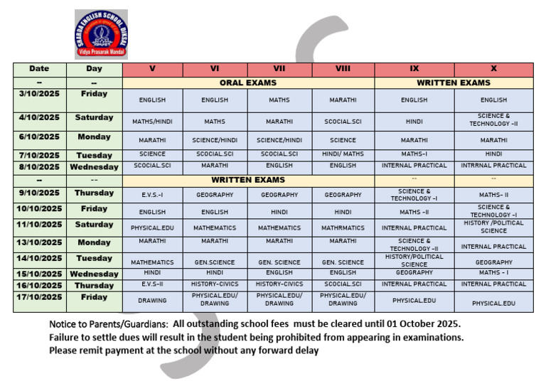 1st Semester Time Table 2025-26 5th To 10th | PDF