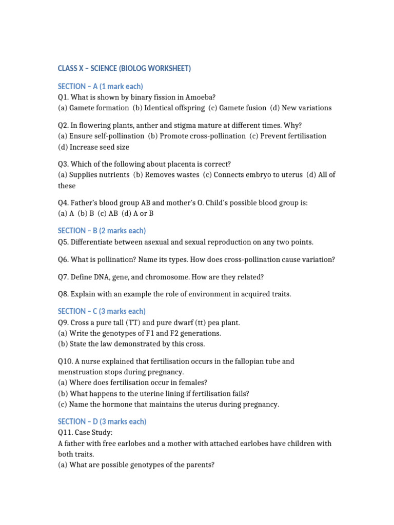Class10 - Bio Worksheet | PDF