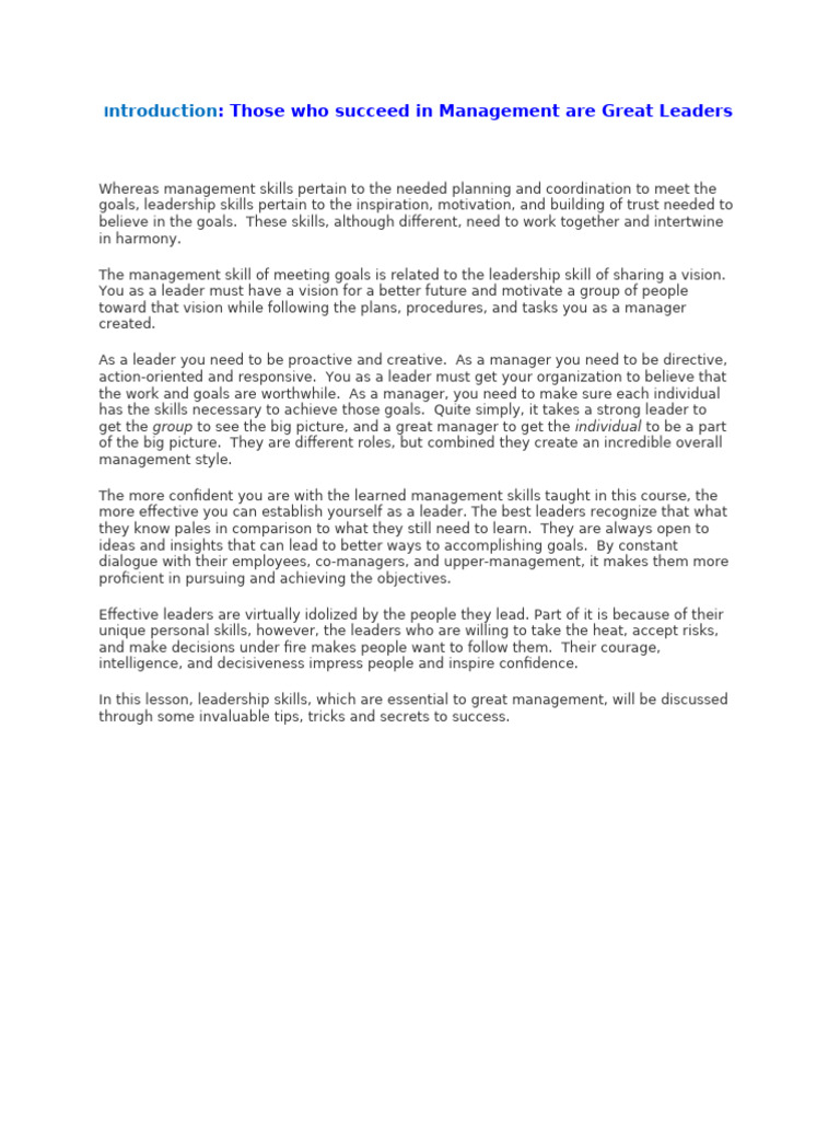 Leadership Skills for Effective Management | PDF