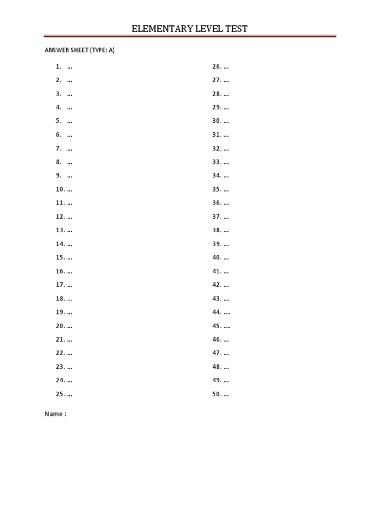 Elementary Level Test Answer Sheets | PDF