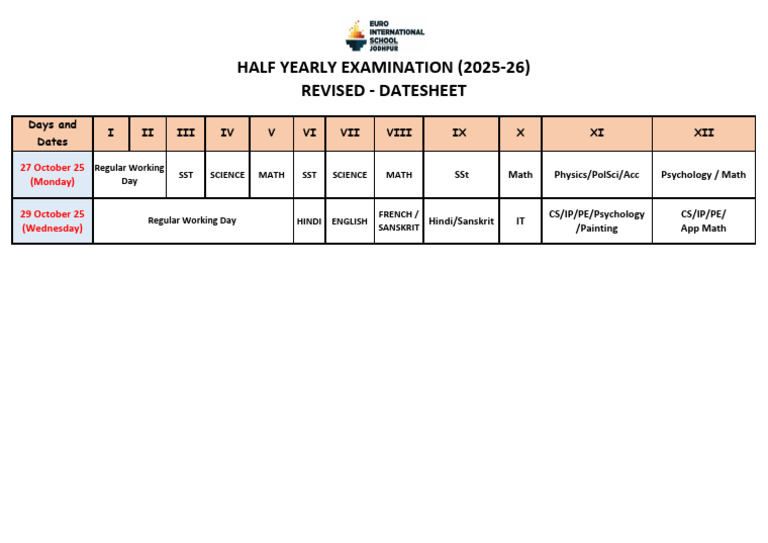 2025-26 Half Yearly Exam Datesheet | PDF