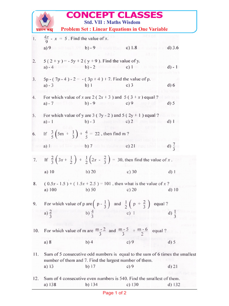 VII - F - Wisdom - Linear Equations in One Variable - A | PDF