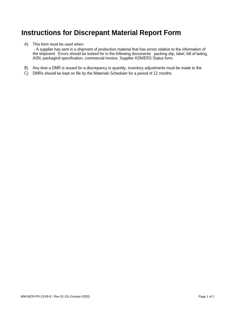 Discrepant Material Report Form | PDF | Receipt | Supply Chain Management