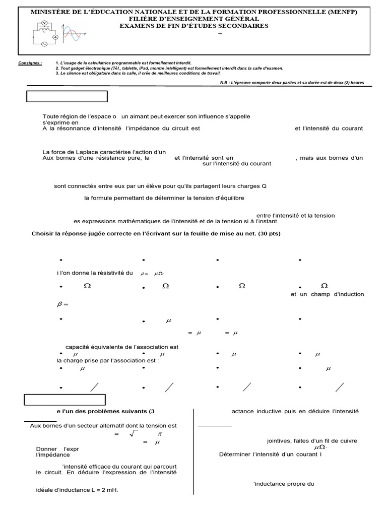 Examen physique NS4 2025 - Consignes et sujets | PDF | Inducteur ...