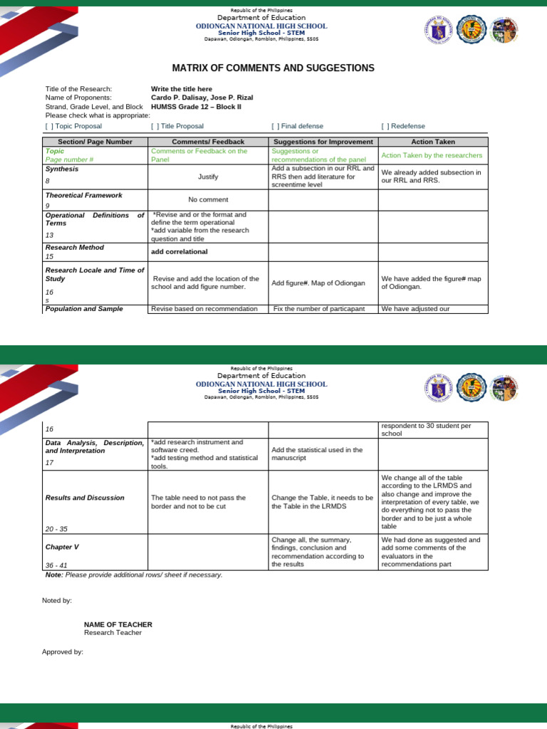 ONHS Matrix of Comments and Suggestions 2025 | PDF | Statistical ...