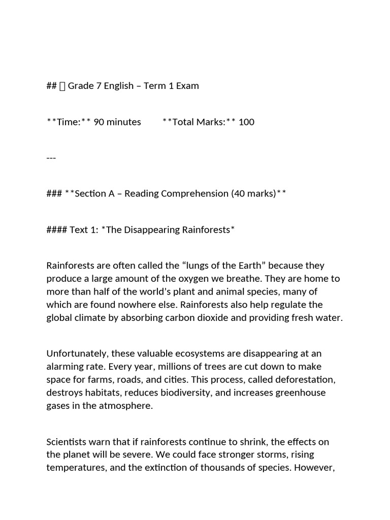 Grade 7 English Term 1 Exam Guide | PDF | River | Rainforest