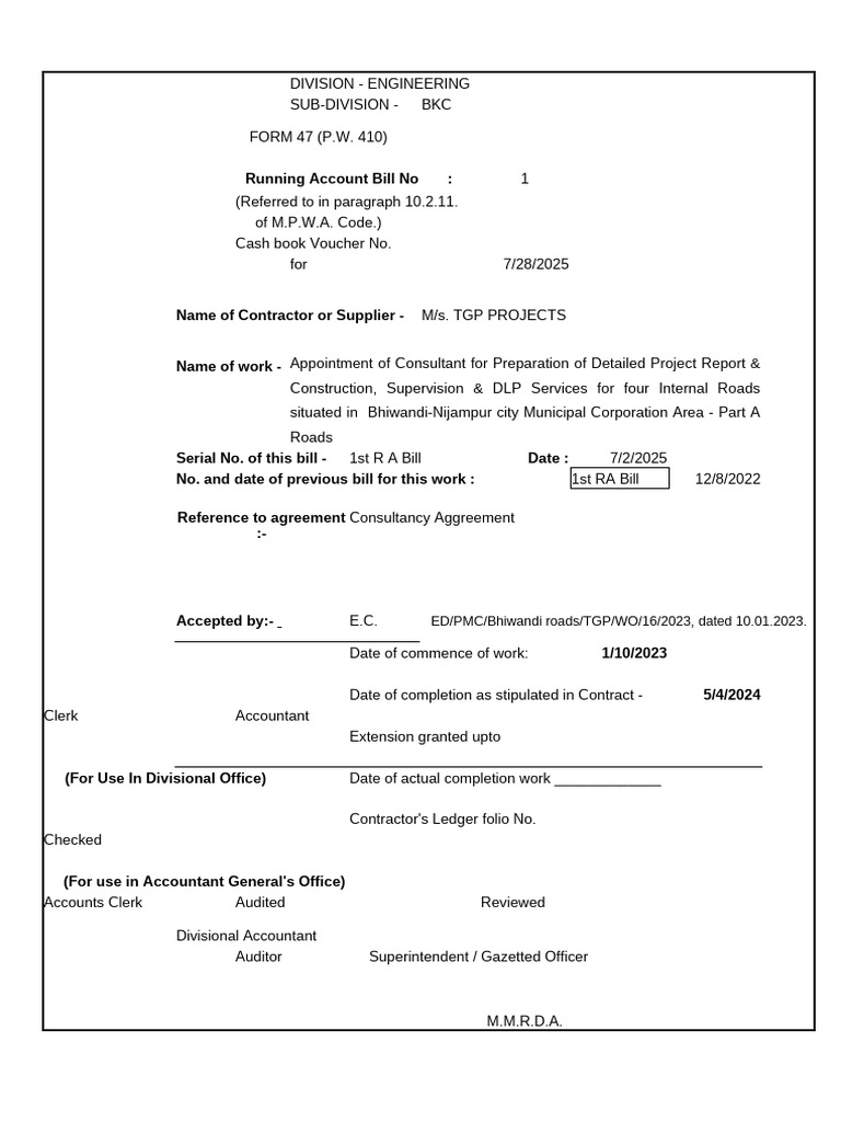 Running Account Bill for Engineering Project | PDF | Cheque