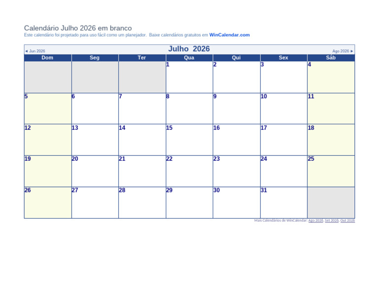Calendário de Julho de 2026 | PDF