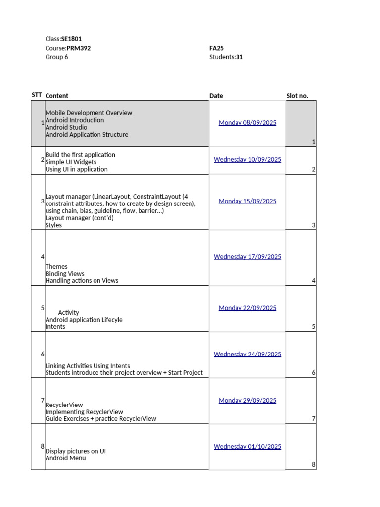 Android Development Course Schedule | PDF | Android (Operating System ...