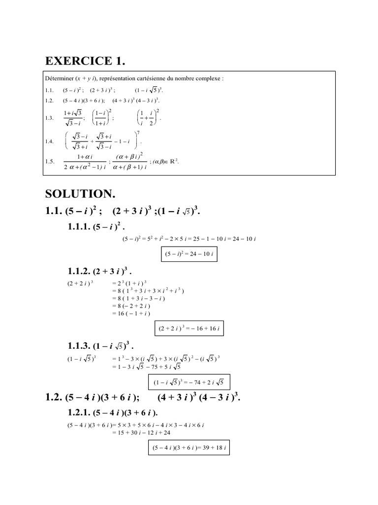 Exercices de nombres complexes et solutions | PDF | Algèbre | Théorie ...