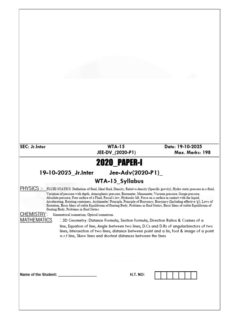 JEE Advanced 2020 Physics Chemistry Math Exam | PDF | Pressure ...