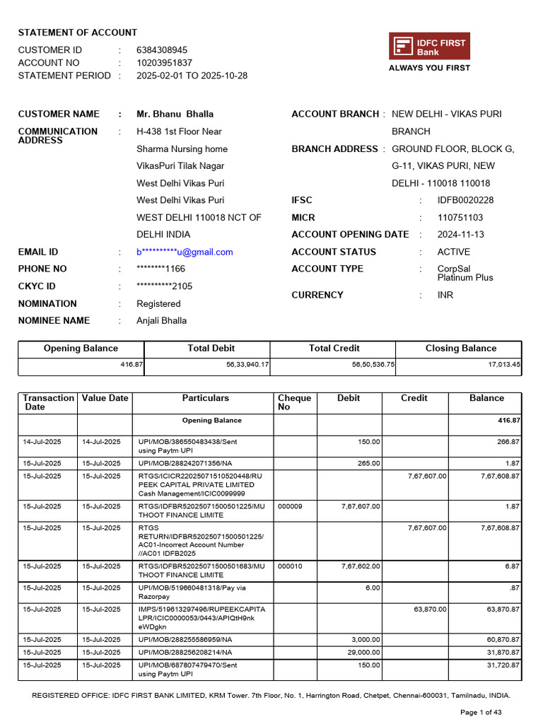 IDFC Account Statement Overview | PDF | Debits And Credits | Cheque