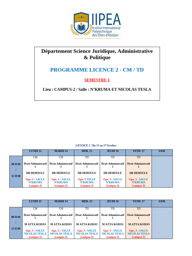 Emploi du temps Licence 2 Droit 2023 | PDF