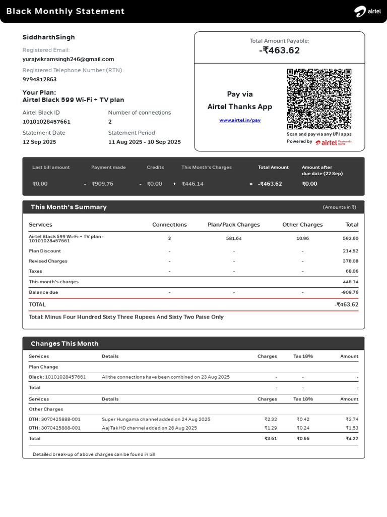 Airtel Wi-Fi Router Billing Statement | PDF | Credit Card | Debit Card