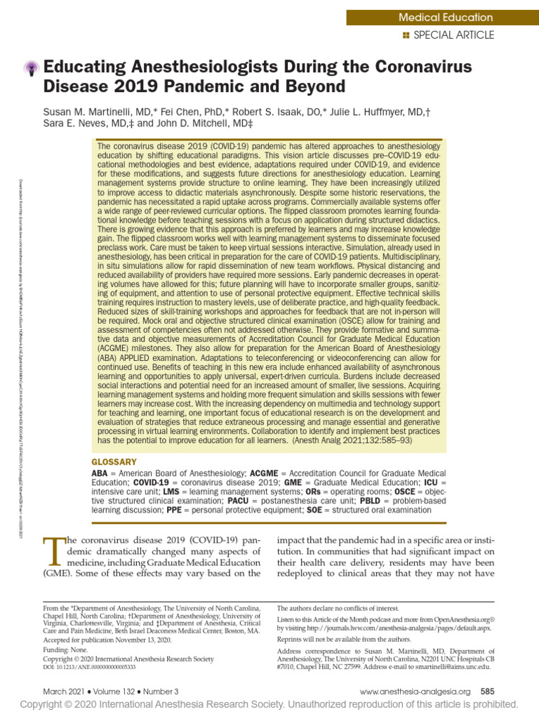 Educating Anesthesiologists During The Coronavirus.1 | PDF ...