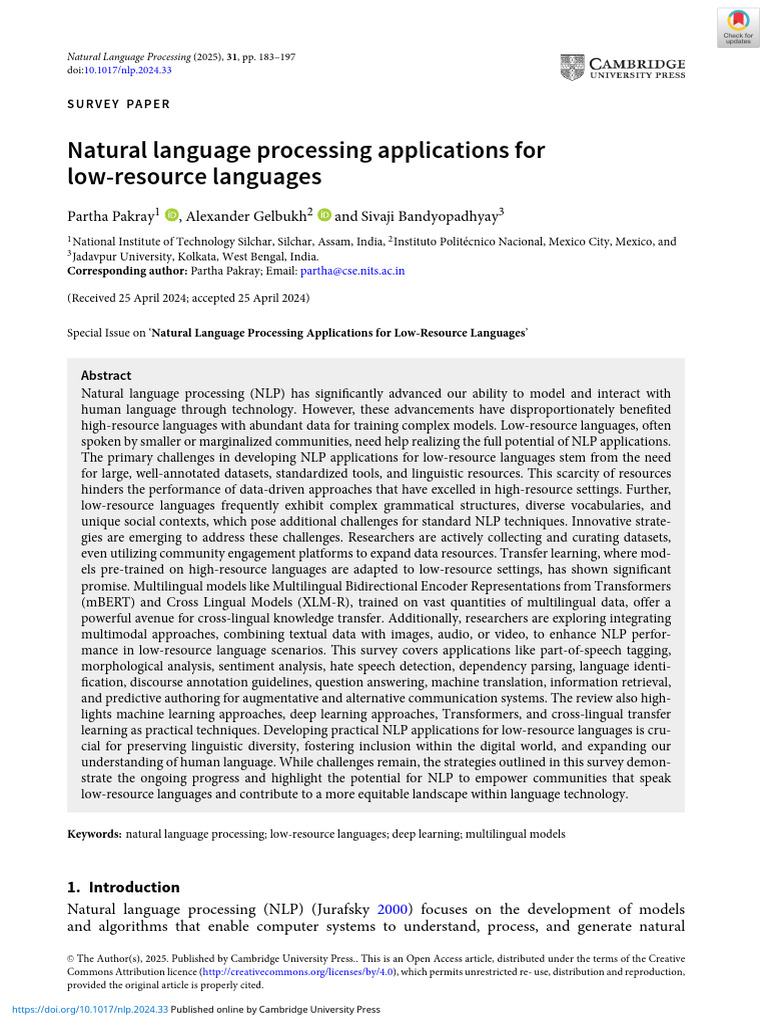 NLP for Low-Resource Languages | PDF | Deep Learning | Parsing