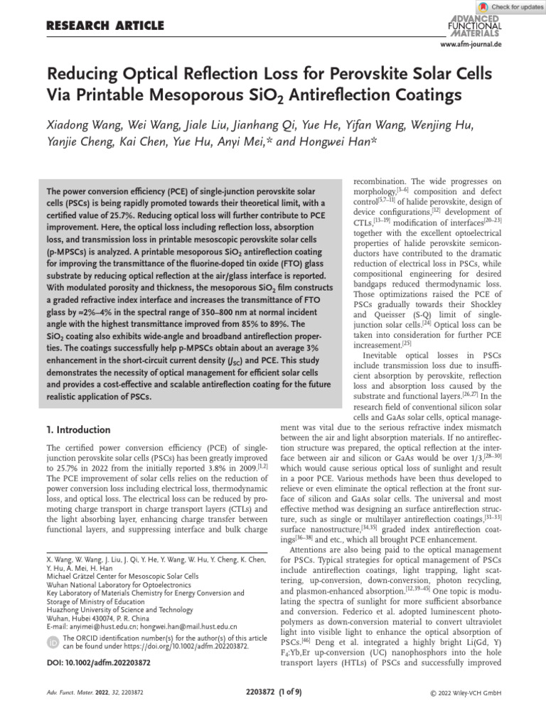Reducing Optical Reflection Loss For Perovskite Solar Cells Via Sio2 ...