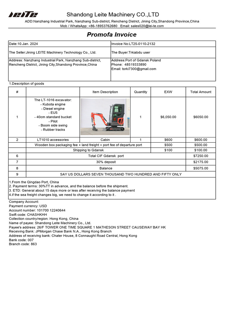 Shandong Leite Machinery Invoice LT25-0110 | PDF | Payments | Banking